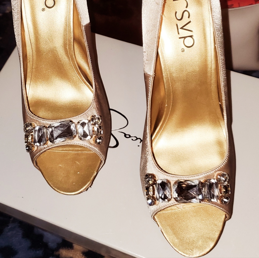 RSVP Gold Heels Size 9.5 with Clear Rhinstones on Peep Toe